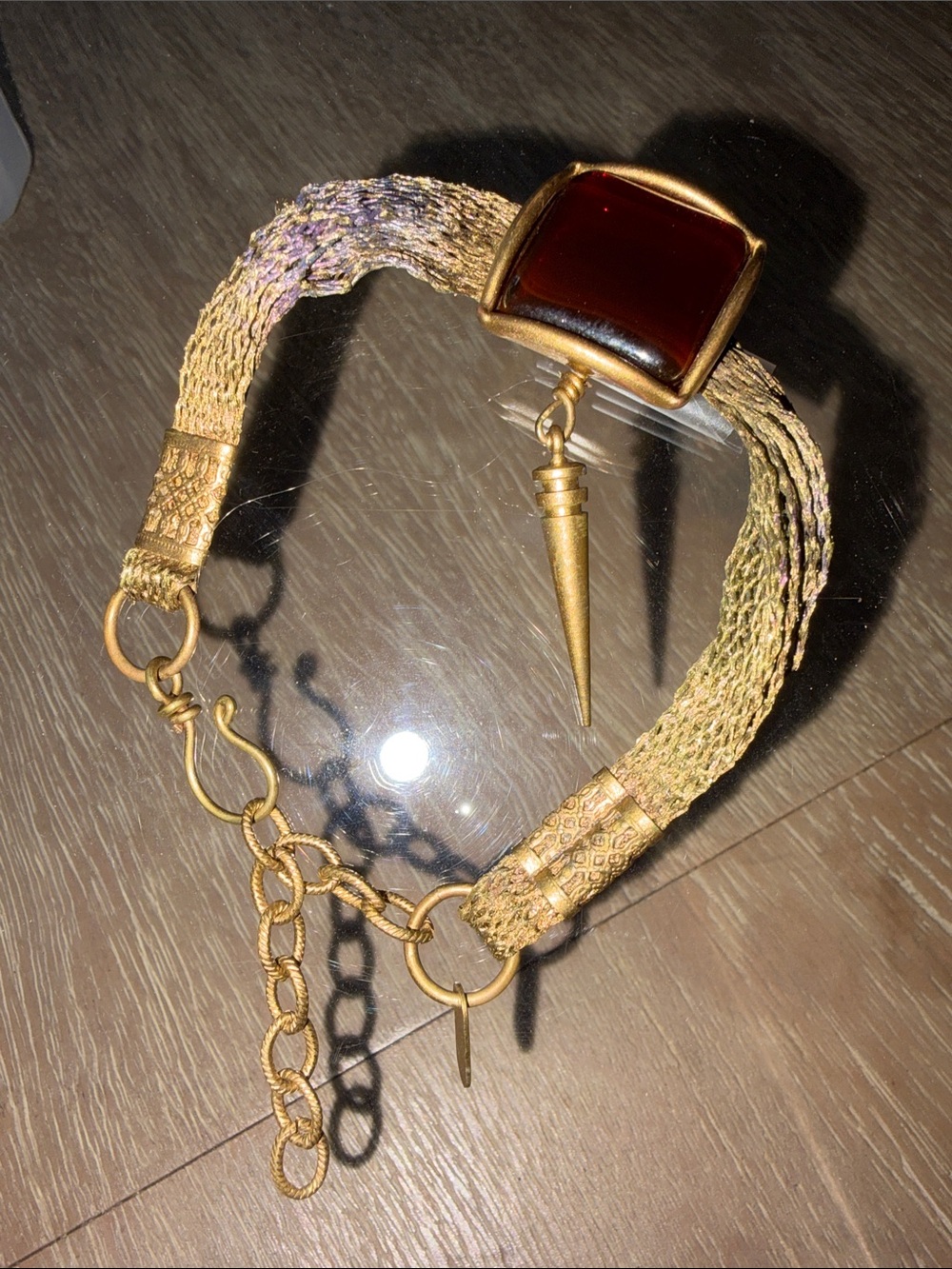 Sarah Cavender Metalworks Gold Mesh Bracelet with Deep Red Stone